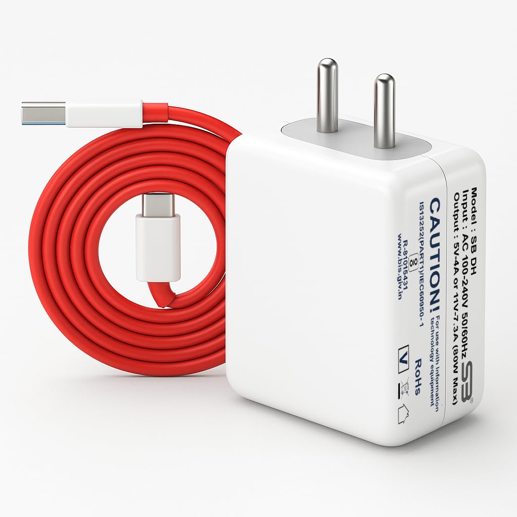 SB 80W SuperVOOC Fast Charger with USB to Type C Cable | 7.3A Mobile Charger Adapter | Supports VOOC, Warp, Dash, Dart & Super Fast Charging | Compatible for OnePlus, Realme, Oppo Smartphones