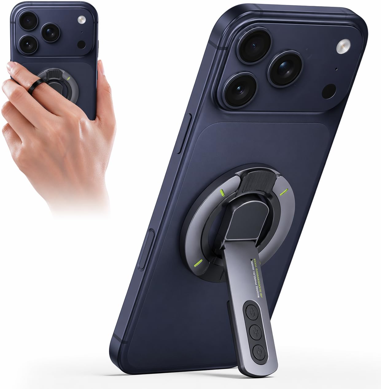 RIGGEAR Magnetic Phone Grip and Stand for MagSafe Phones Cases, 3in1 Magnetic Finger Ring Holder with Double Sided Magnet, Fidget Buttons, 360° Rotation Magnetic Gym Phone Stand (Graphite Black)