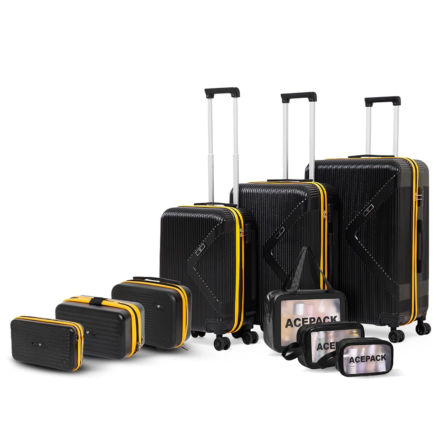 ACEPACK - Brampton - Family Set of 9 Pcs - Set of 3 Suitcase (S+M+L) + 3 Pcs Vanity Cases (8"+10"+13") + 3 Waterproof Organisers, PC Hard Shell with 360° Spinner Wheel, Number Lock, 3 Years Warranty