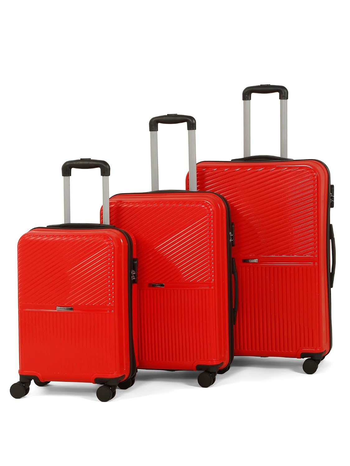 Teakwood Set of 3 8 Wheels Trolley Bag, Hard Cabin with Zipper Closure, Adjustable Push Button & Cross Side Strap, Number Lock System 360 Degree (Set of 3, Red)