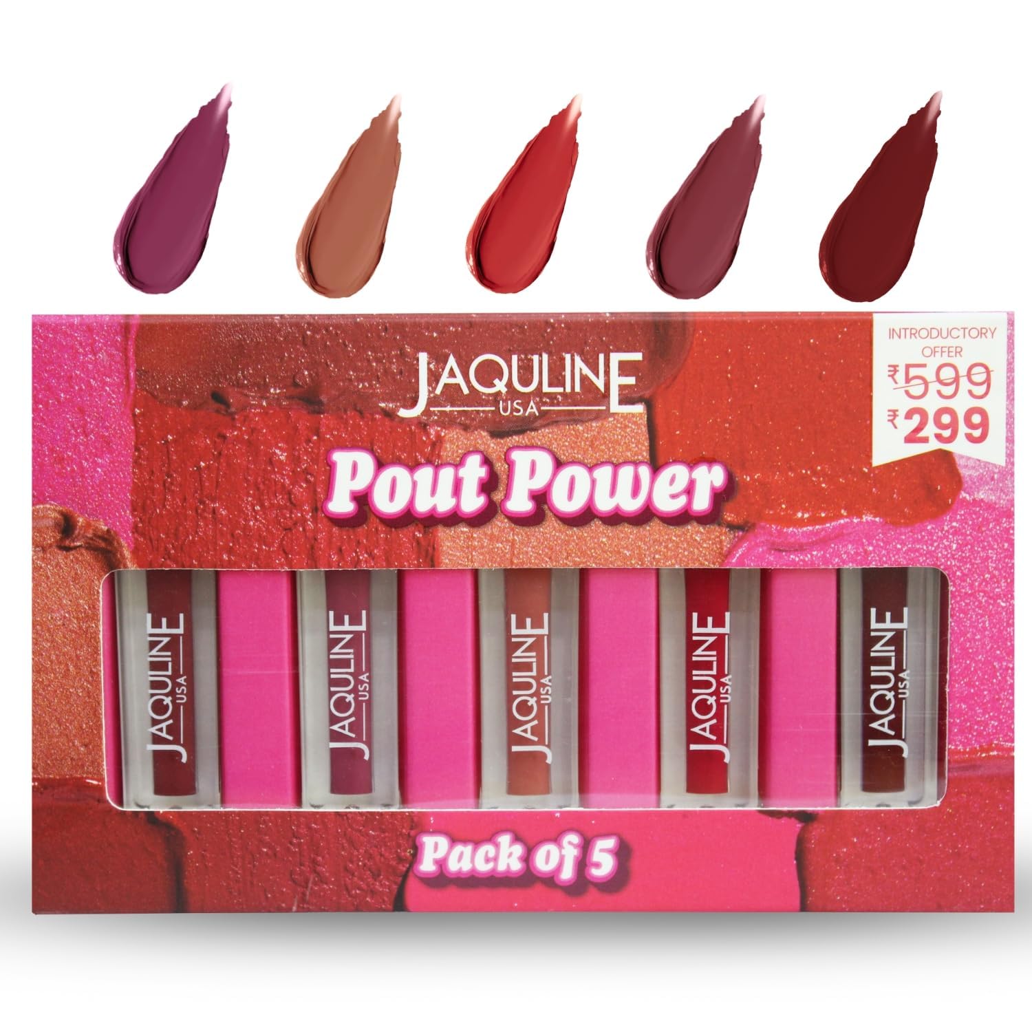JAQULINE USA Pout Power Multicolor Liquid Matte Lipstick Gift Combo Set | Waterproof | Smudge Proof | Transfer Proof | Long Lasting | Hydrating and Lightweight | 5 x 1.25ml