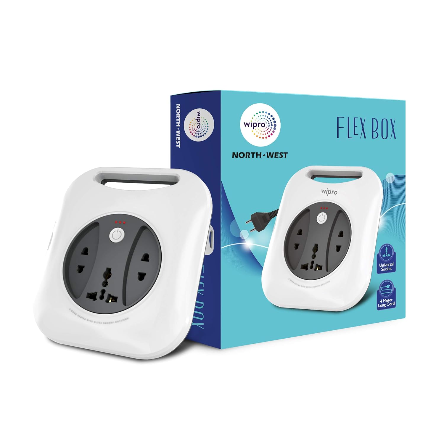 Wipro Flex Box Extension Cord with Universal 3-Pin(1 Unit) & 2-Pin(2 Units) Sockets, with Master Switch & Indicator | 4 mtr Copper Wire | Aesthetic Desk Setup for Home & Office | Pack of 1