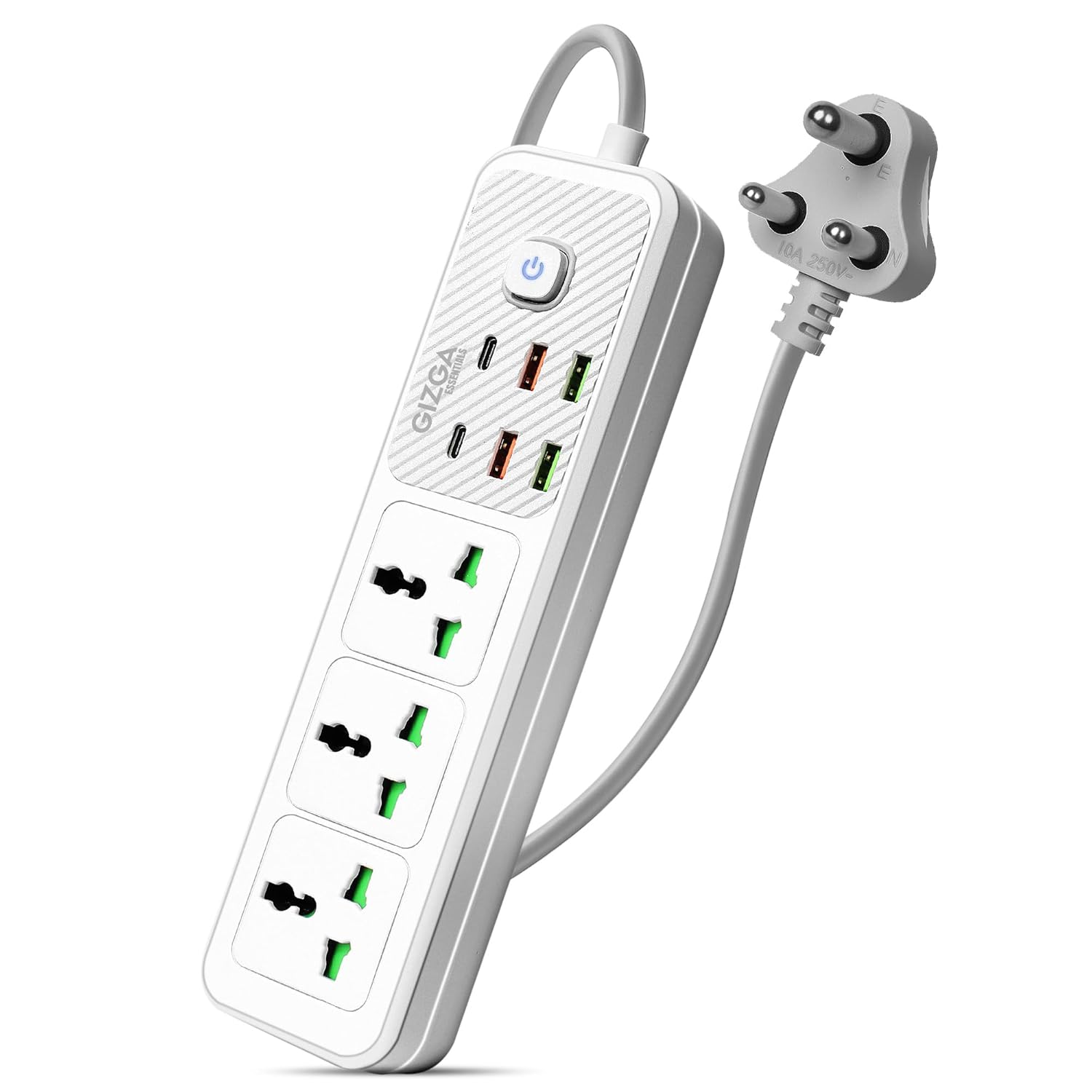 Gizga Essentials Extension Board with USB, 2500W | 3 Universal Sockets & 6 Charging Ports (4 USB-A + 2 Type-C) with Surge Protector | Child Safety Shutters | 2M Power Cord